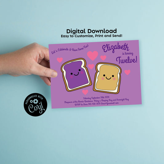 Peanut Butter and Jelly Invitation Editable Digital Download Birthday Party PBJ Kawaii Cartoon Kids