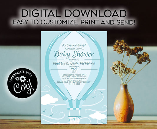 Blue Hot Air Balloon Baby Shower Invitation Editable Digital Elegant Boy Download