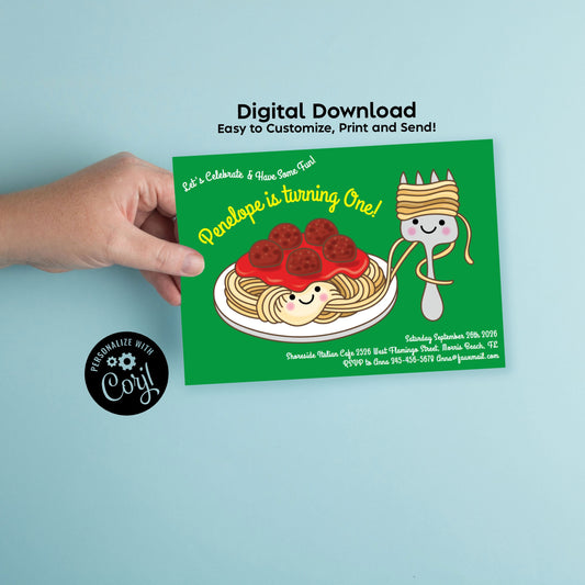 Spaghetti Noodles Pasta Invitation Birthday Party Editable Digital Download Italian Food Kawaii Cartoon