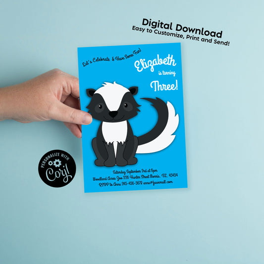 Skunk Birthday Party Invitation Editable Digital Download Cute Kids Cartoon