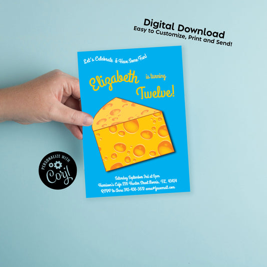 Cheese Birthday Party Invitation Editable Digital Download Cheddar Wedge Cute Kids Toddlers