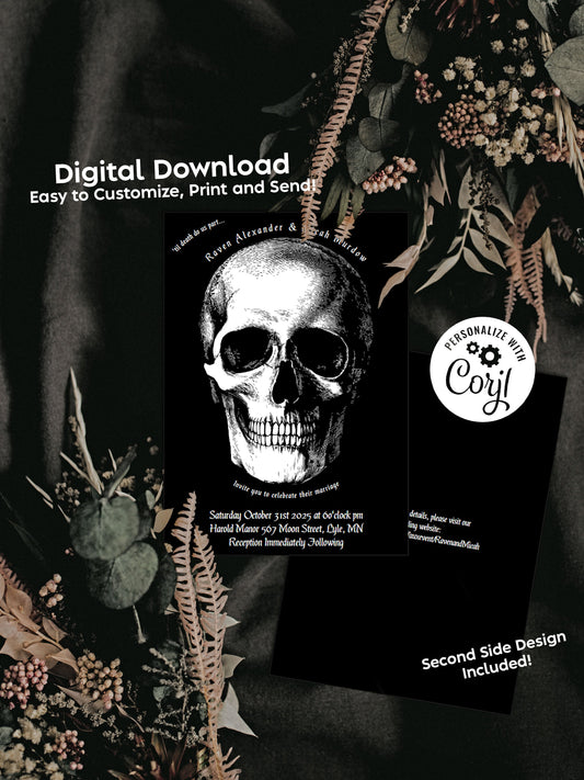 Skull Gothic Halloween Wedding Party Invitation Editable Digital Download Creepy Skeleton