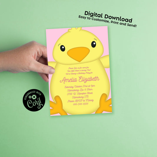 Chick Birthday Party Invitation Editable Digital Download Cute Kids 1st Farm Toddler Pink