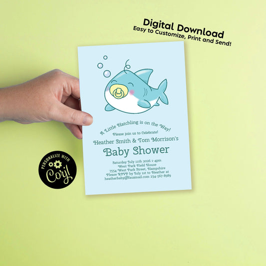 Shark Under the Sea Baby Shower Invitation Editable Digital Download Cute Kids