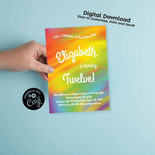 Tie Dye Birthday Party Invitation Editable Digital Download Rainbow Art