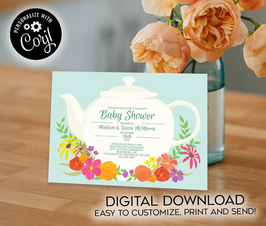Tea Party Baby Shower Invitation Editable Digital Teapot Teal Spring Flowers Download