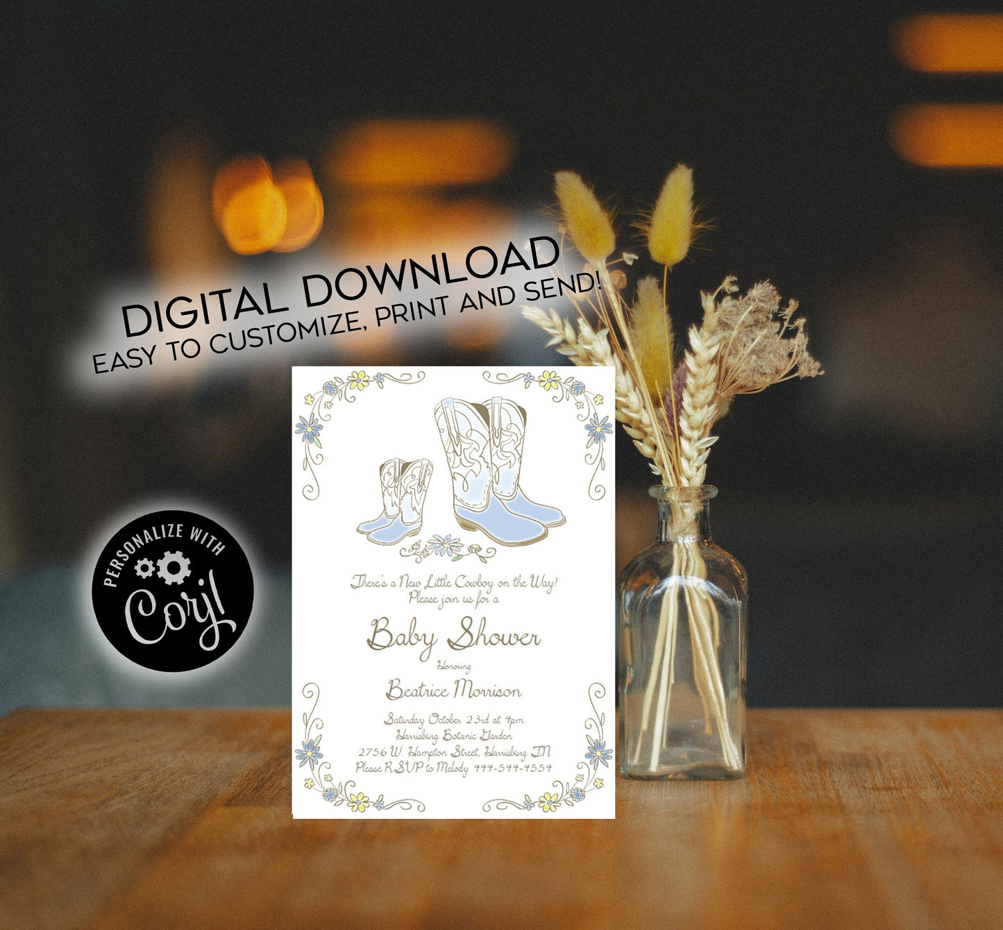Cowboy Baby Shower Invitation Editable Digital Country Western Boots Cute Download