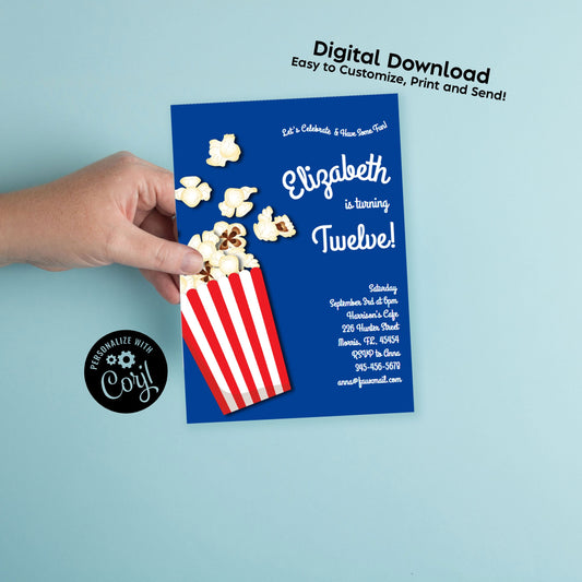 Popcorn Movie Theater Invitation Birthday Party Editable Digital Download Theatre Film