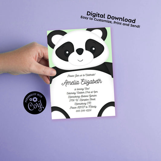 Panda Birthday Party Invitation Editable Digital Download Cute Kids