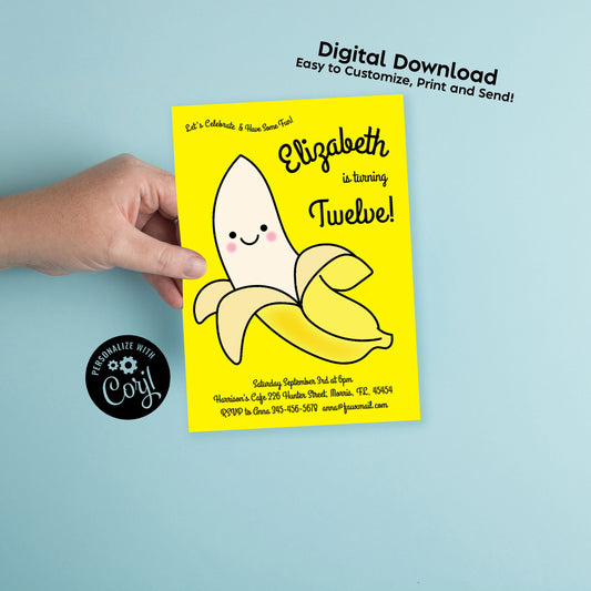 Banana Birthday Party Invitation Editable Digital Cute Kawaii Cartoon Kids Download