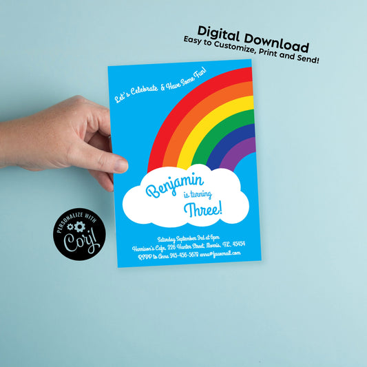 Rainbow Birthday Party Invitation Editable Digital Download Cute Cloud Sky