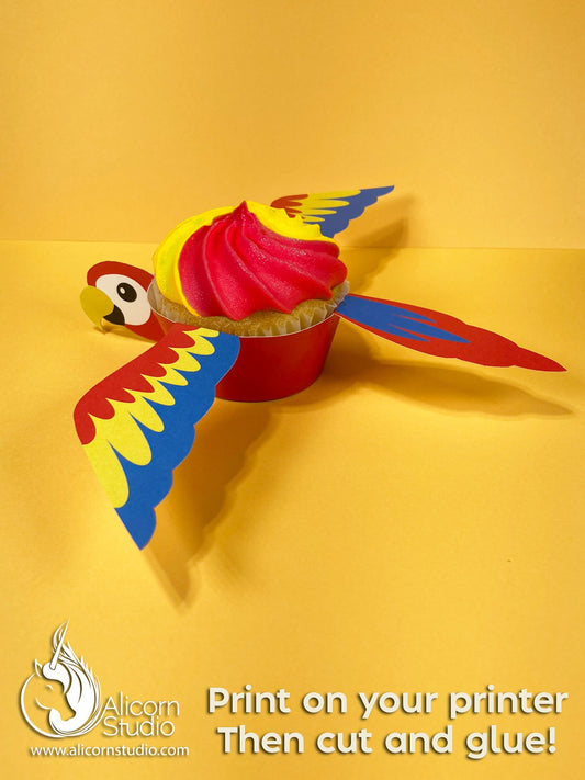 Printable Parrot Cupcake Wrap Digital File Print and Cut Pirate Party Decor Birthday