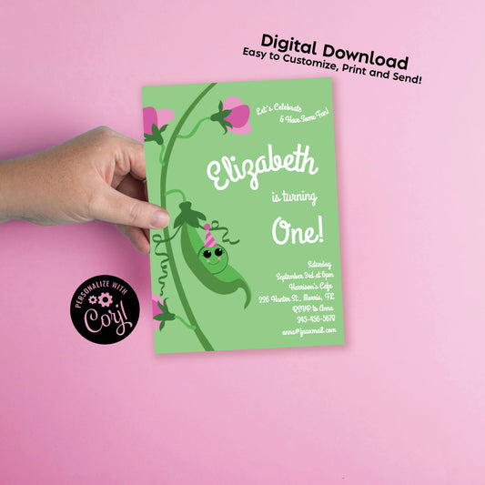 Sweet Pea Birthday Party Invitation Editable Digital Download Cute Kids 1st Toddler