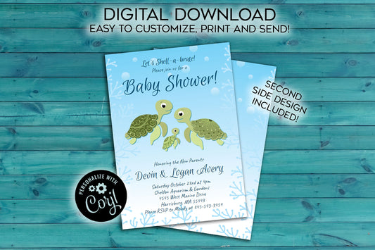 Sea Turtle Baby Shower Invitation Editable Digital Ocean Animals Download
