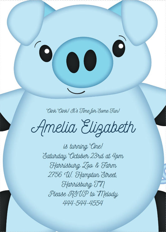 Blue Pig Birthday Party Invitation Editable Digital Download Cute Kids 1st Farm Toddler