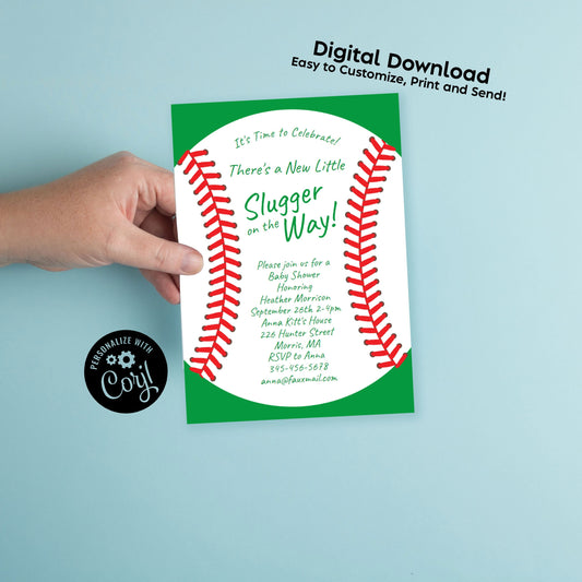 Little Slugger Baseball Invitation Editable Digital Download Baby Shower Party Kids