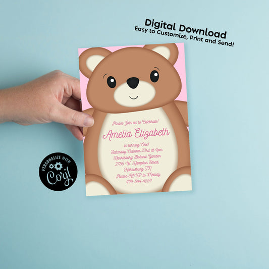 Teddy Bear Baby Shower Birthday Party Editable Digital Download Pink