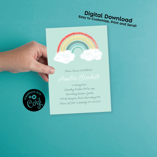 Boho Rainbow Birthday Party Invitation Editable Digital Cute Pastel Kids Download