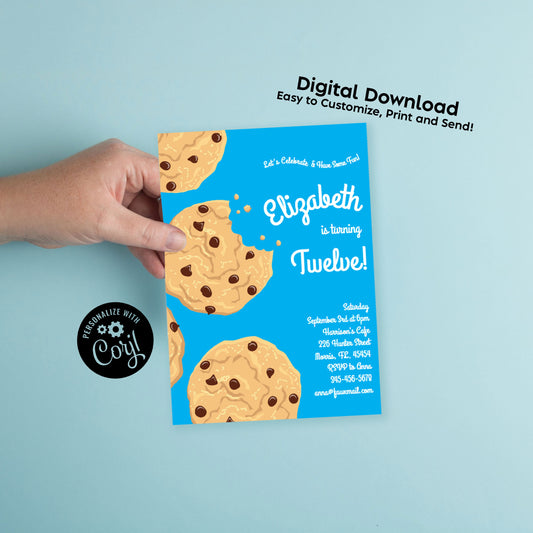 Chocolate Chip Cookie Birthday Party Invitation Editable Digital Download Cute Kids Sleepover