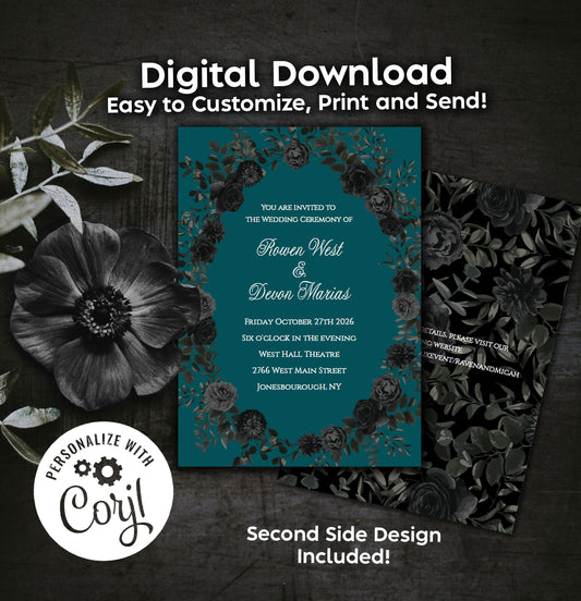 Teal Black Elegant Gothic Wedding Invitation Editable Digital Download Roses Party