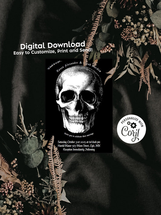 Skull Gothic Halloween Wedding Party Invitation Editable Digital Download Creepy Skeleton