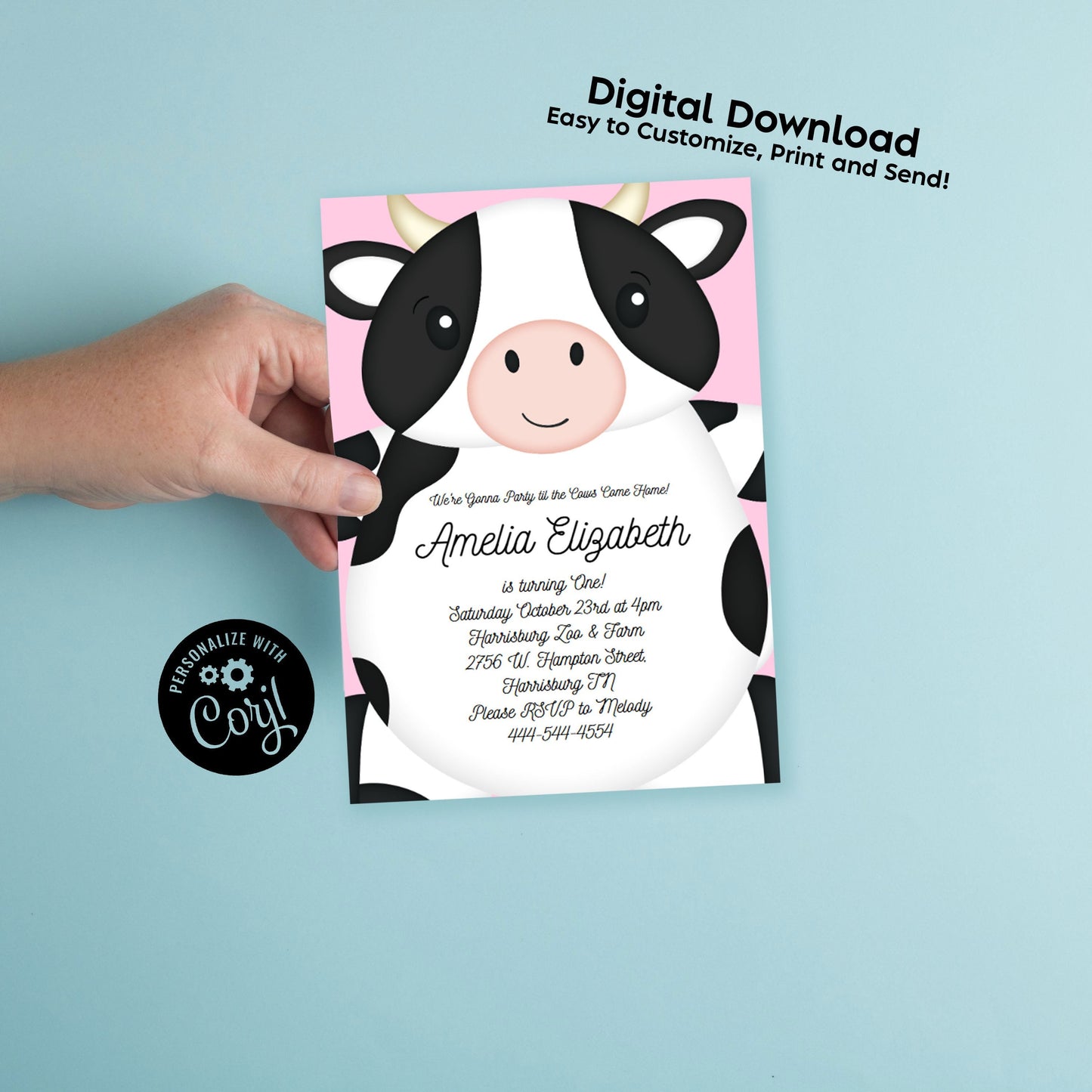 Cow Birthday Party Invitation Editable Digital Download Cute Kids 1st Farm Toddler
