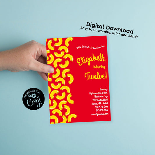 Mac and Cheese Birthday Party Invitation Editable Digital Download Cute Noodles Pasta Kids Macaroni