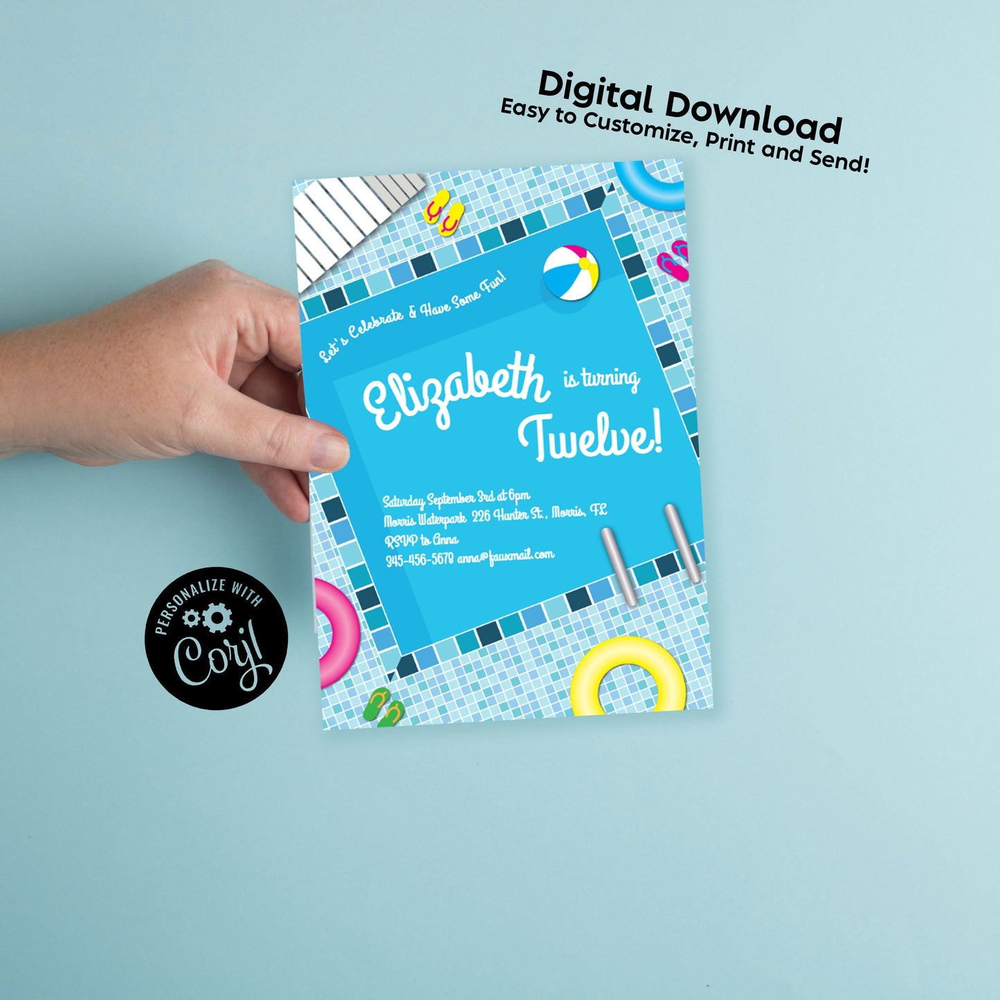 Pool Party Invitation Birthday Party Editable Digital Download Summer