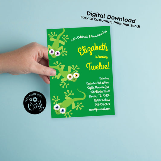 Lizards Geckos Birthday Party Invitation Editable Digital Download Cute Kids Cartoon