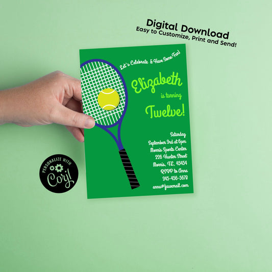 Tennis Sports Invitation Editable Digital Download Birthday Party Kids Racket Ball