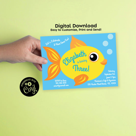 Gold Fish Aquarium Birthday Party Invitation Editable Digital Download Cute Kids Tropical Fish Tank