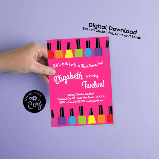 Spa Nail Painting Invitation Birthday Party Editable Digital Download Sleepover Girl Nail Polish Paint