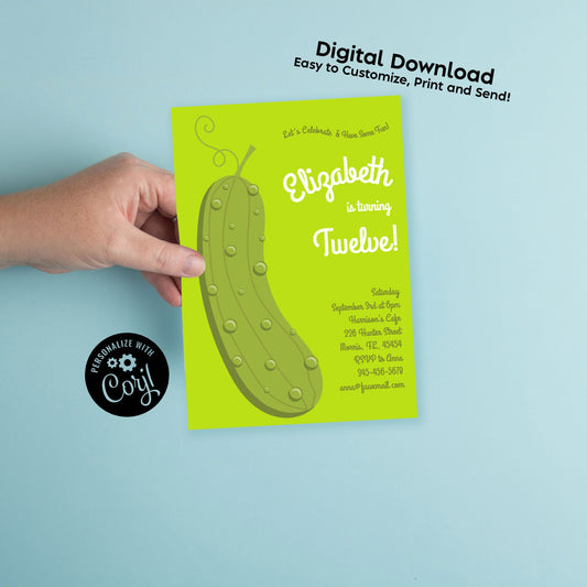 Pickle Birthday Party Invitation Editable Digital Download Cute Kids Food