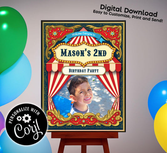 Circus Carnival Poster Sign Editable Digital Vintage Kids Birthday Party Cute Download