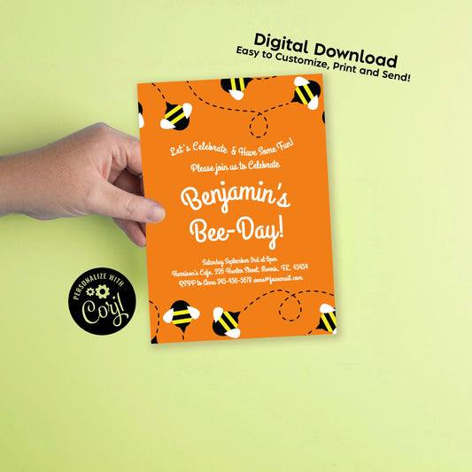Bee Day Birthday Party Invitation Editable Digital Download Cute Toddler Kids