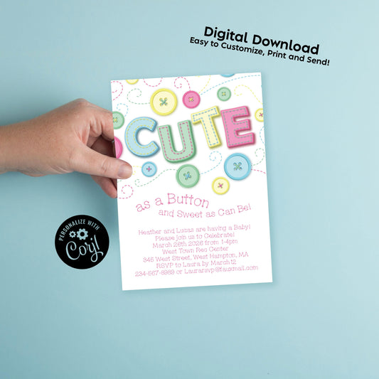 Cute as a Button Baby Shower Invitation Editable Digital Download Cute Kids