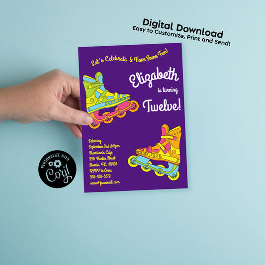 Roller Blade Birthday Party Invitation Editable Digital Download 90's Roller Skating Rink