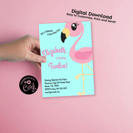 Pink Flamingo Birthday Party Invitation Editable Digital Download Cute Kids Tropical Bird