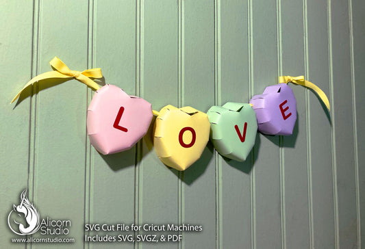 3D Paper Candy Hearts Valentine's Day Banner Bunting SVG File Cut File for Cricut Party Decor