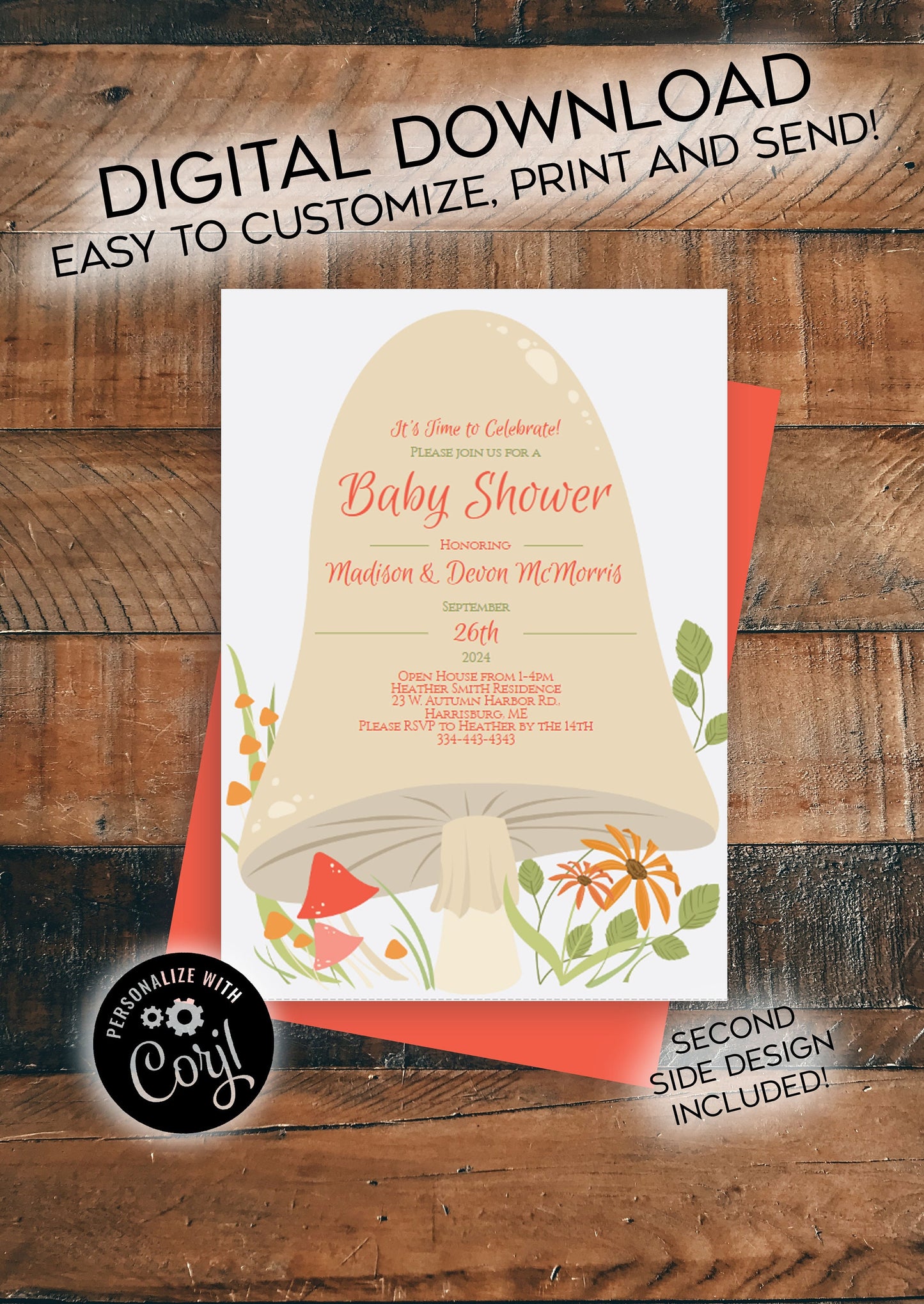 Woodland Mushroom Baby Shower Invitation Editable Digital Download