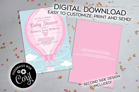 Pink Hot Air Balloon Baby Shower Invitation Editable Digital Elegant Girl Download