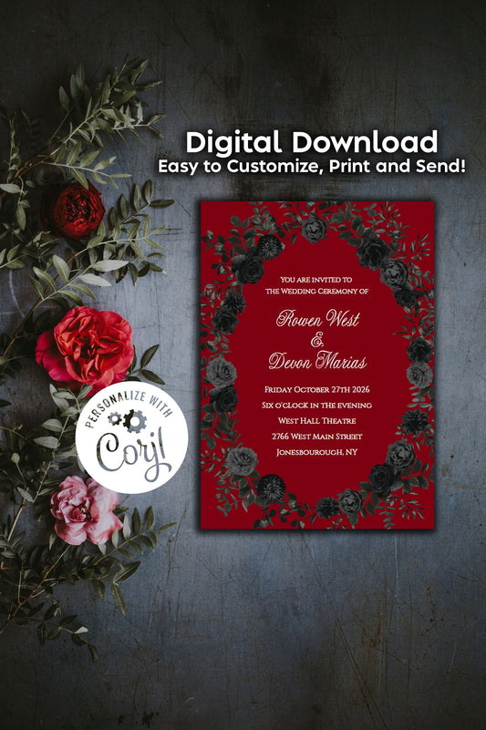 Red Black Elegant Gothic Wedding Invitation Editable Digital Download Roses Party