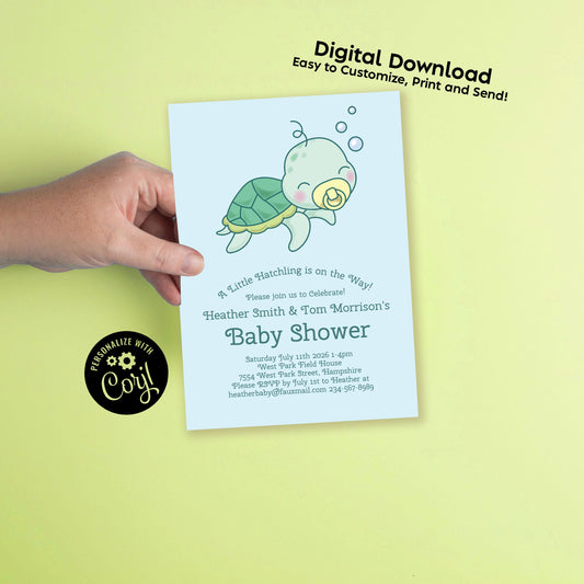 Sea Turtle Under the Sea Baby Shower Invitation Editable Digital Download Cute Kids