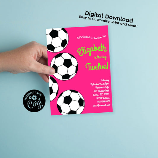 Pink Soccer Balls Sports Invitation Editable Digital Download Birthday Party Girls Kids