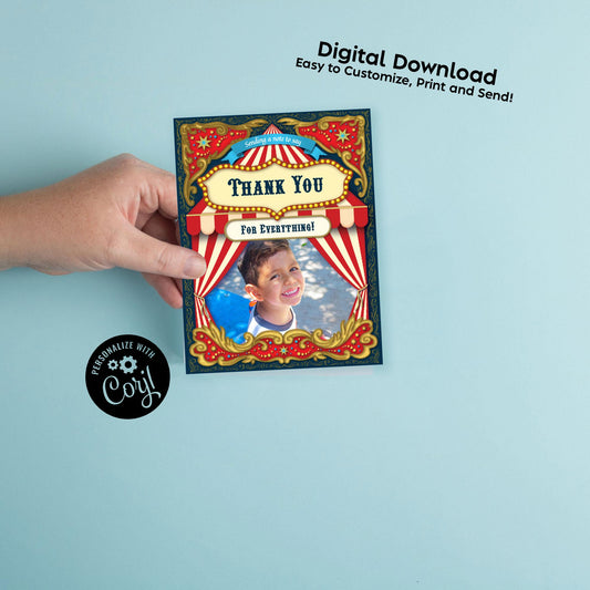 Circus Carnival Thank You Cards Photo Digital Download Cute Kids Birthday Party