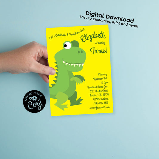 Dinosaur T-Rex Birthday Party Invitation Editable Digital Download Cute Kids Cartoon