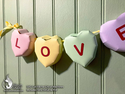 3D Paper Candy Hearts Valentine's Day Banner Bunting SVG File Cut File for Cricut Party Decor