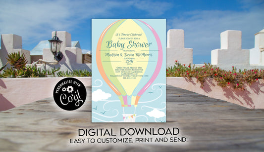 Pastel Rainbow Hot Air Balloon Baby Shower Invitation Editable Digital Elegant Download