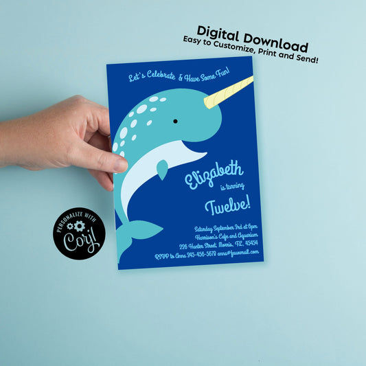 Narwhal Birthday Party Invitation Editable Digital Download Cute Kids Ocean Animal
