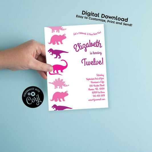Pink Dinosaur Birthday Party Invitation Editable Digital Download Cute Kids Silhouette Girls